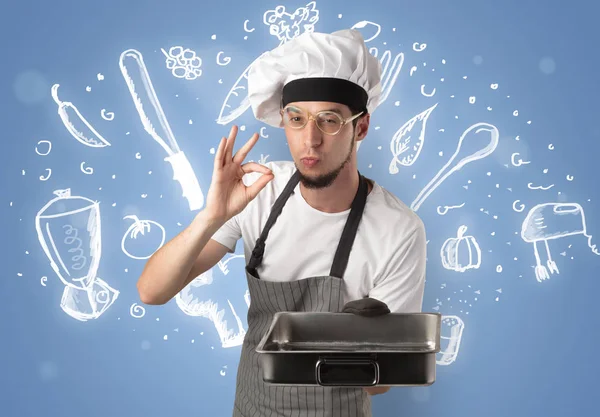 Jovem cozinheiro com giz desenho conceito de receita de sopa — Fotografia de Stock