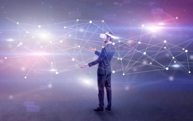 İşadamı vj gözlük ve bağlantı kavramı ile