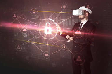 Adam ile 3d ağ kavramı kilidini Vr koruyucu gözlük