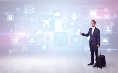 İşadamı sembolleri ile bir iş gezisi için yola