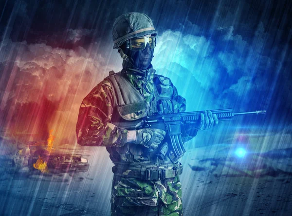 Gewapende soldaat staand in het midden van de stof storm — Stockfoto