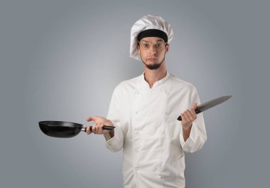 Cook with kitchen tools and empty wallpaper clipart