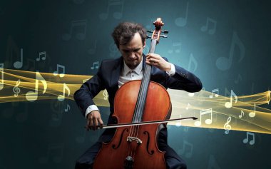 Çello notları ile oynamaya müzisyen