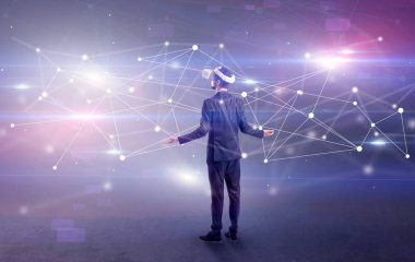 İşadamı vj gözlük ve bağlantı kavramı ile