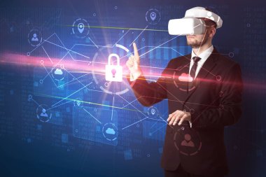 Adam ile 3d ağ kavramı kilidini Vr koruyucu gözlük