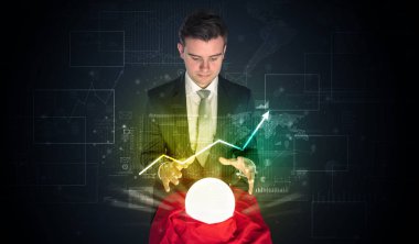 Genç işadamı bir sihirli topu ile hisse senedi piyasasının geleceği Öngörüler yapma