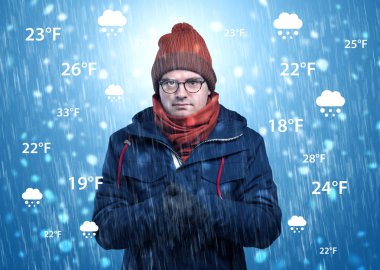 Hava durumu konsepti ile sıcak giysiler içinde buz gibi çocuk