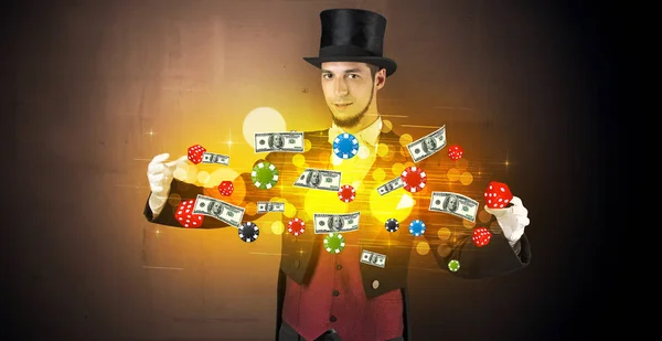 Illusionist zaubert mit seiner Hand Glücksspielstäbe — Stockfoto