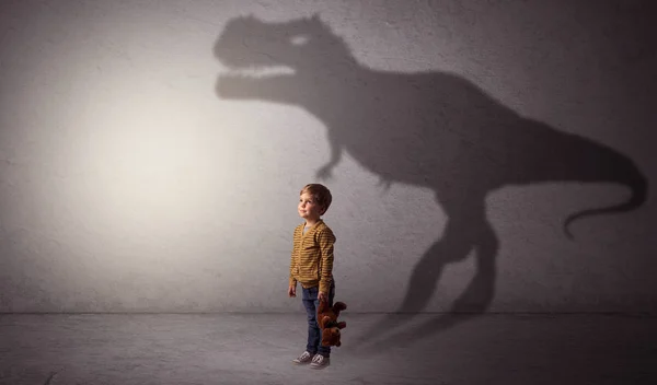 Jag Drömmer Dinosaurus Konceptet Med Söt Liten Pojke Ett Tomt — Stockfoto