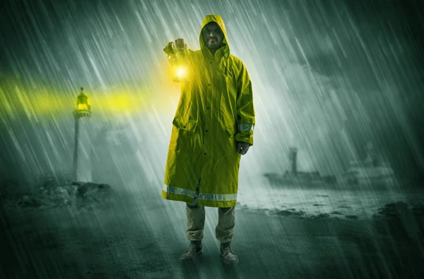 Man coming with lantern at coast concept — Stock Photo, Image