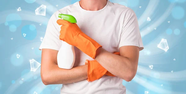 Blue diamond graphic and cleaning boy — Stock Photo, Image