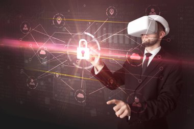 Adam ile 3d ağ kavramı kilidini Vr koruyucu gözlük