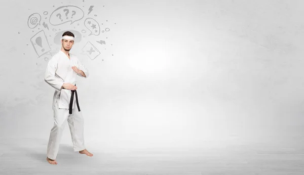 Karate trainer lotta con il concetto di simboli scarabocchiati — Foto Stock