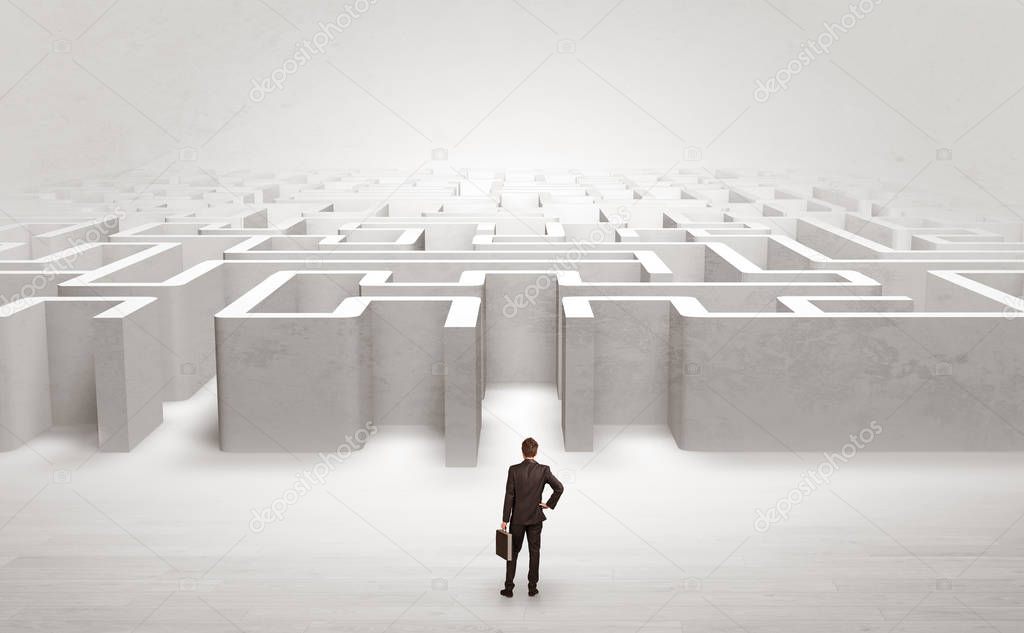 Businessman choosing between entrances at the edge of a maze