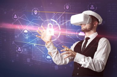 Adam ile 3d ağ kavramı kilidini Vr koruyucu gözlük