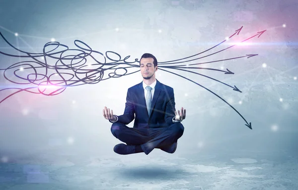 Businessman meditates with purifying doodle concept — Stock Photo, Image