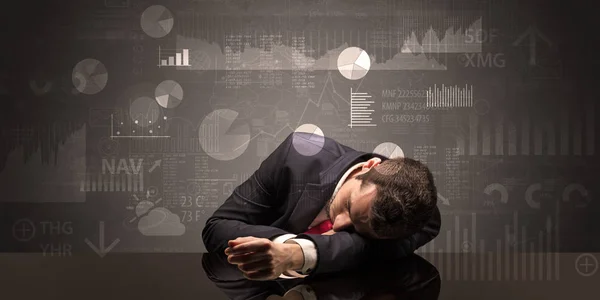 Empresario durmiendo con gráficos, gráficos e informes concepto — Foto de Stock