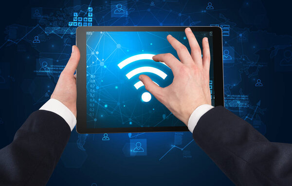 Hand using tablet with online concept