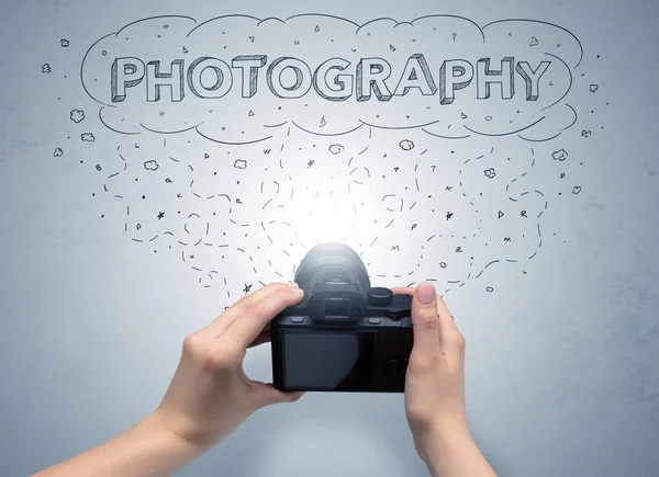 Hand photo shooting with message cloud concept — Stock Photo, Image