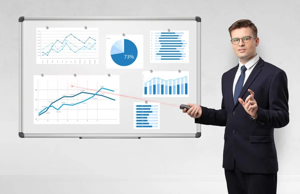 Businessman presenting report on white board with laser pointer — Stock Photo, Image