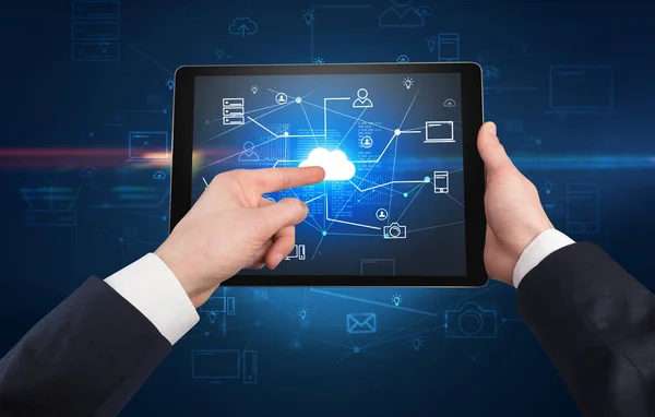 First person view of tablet with cloud office concept — Stock Photo, Image