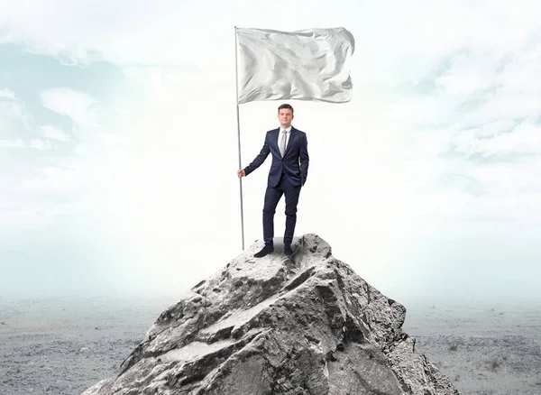 Businessman on the top of a the mountain holding flag — Stock Photo, Image