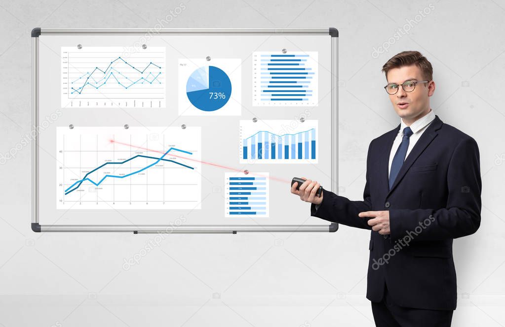 Businessman presenting report on white board with laser pointer