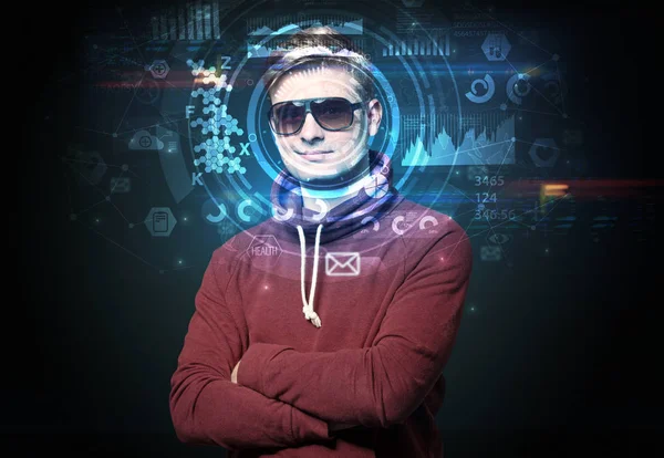 Young man on dark background, face recognition concept — Stock Photo, Image