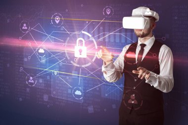 Adam ile 3d ağ kavramı kilidini Vr koruyucu gözlük