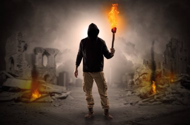 Flambeau bir felaket sahne kavramı yanan ile gelen adam