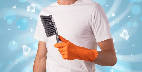 Blue diamond graphic and cleaning boy — Stock Photo, Image