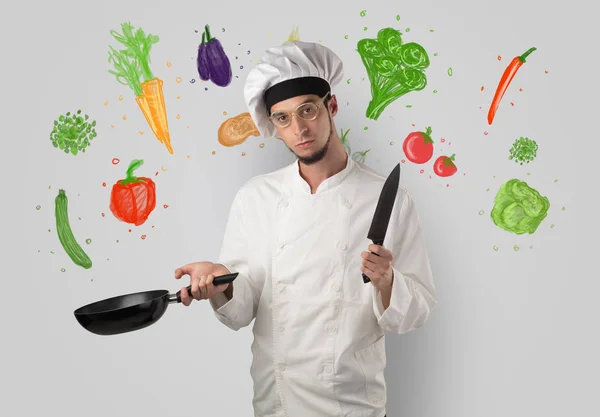 Vařit s barevnými kreslených zelenina — Stock fotografie