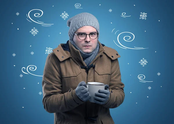 落書きは雪と風の強いコンセプトを持つ冷凍少年 — ストック写真