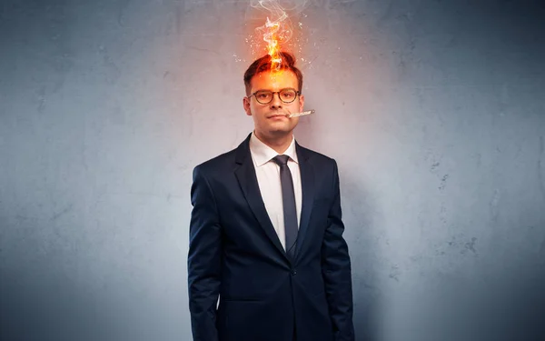 Sick businessman with burning head concept — Stock Photo, Image