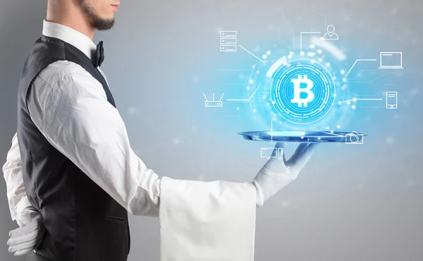 Waiter serving cryptocurrency concept — Stock Photo, Image