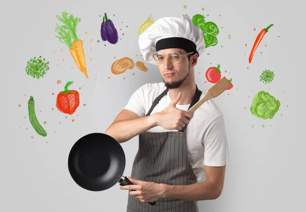 Skäggiga Cook Med Färgglada Ritade Grönsaker Vit Tapet — Stockfoto