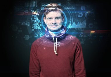 Koyu arka plan, yüz tanıma kavramı üzerinde genç adam