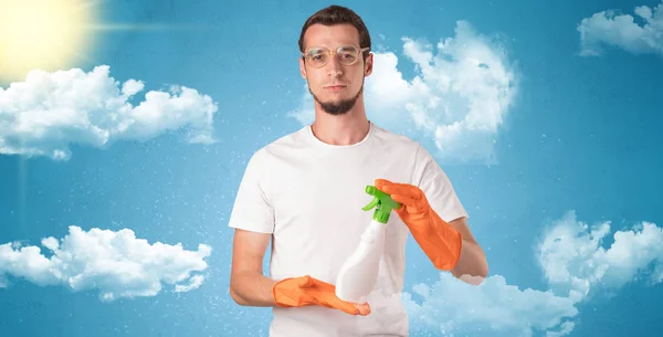 Sunny concept with housekeeper and orange gloves — Stock Photo, Image