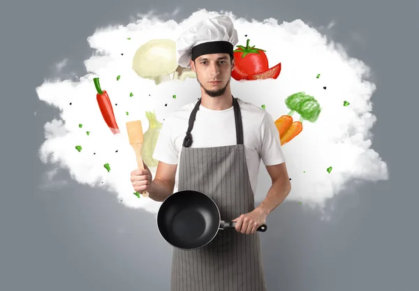 Legumes na nuvem com cozinheiro macho — Fotografia de Stock