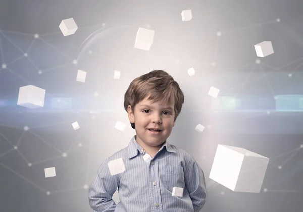 Маленький Хлопчик Яскравими Кубиками Навколо Концепцією — стокове фото
