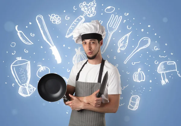 Jovem cozinheiro com giz desenho conceito de receita de sopa — Fotografia de Stock