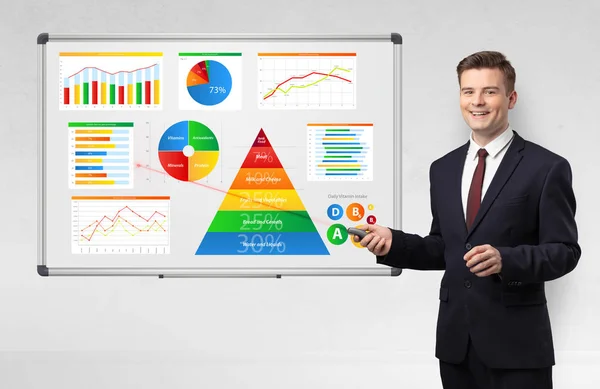 Бизнесмен представляет отчеты о состоянии здоровья на белой доске с лазерной указкой — стоковое фото