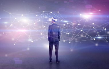 İşadamı vj gözlük ve bağlantı kavramı ile