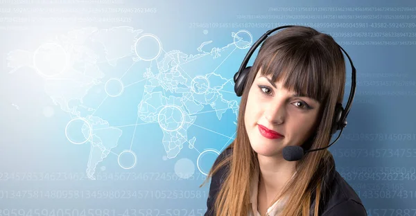 Young Female Telemarketer Blue Background World Map Numbers Her — Stock Photo, Image