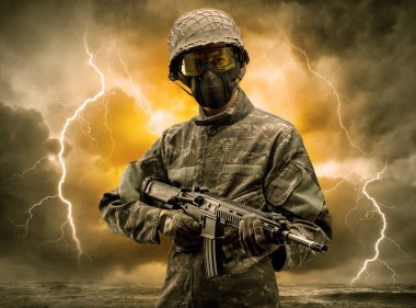 Silahlı asker anlaşılması güç bir havada duran