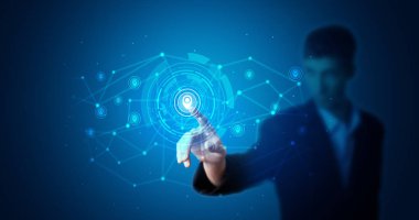 Hologram güvenlik sembolü dokunmadan adam