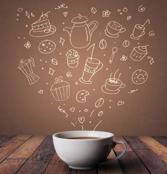 Steaming hot drink with doodles — Stock Photo, Image