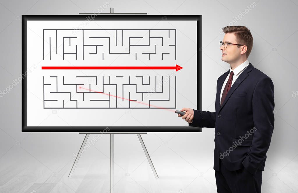 Businessman presenting potential exit from a labyrinth