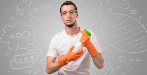 Empregado masculino com papel de parede rabiscado cinza — Fotografia de Stock