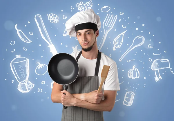 Jovem cozinheiro com giz desenho conceito de receita de sopa — Fotografia de Stock